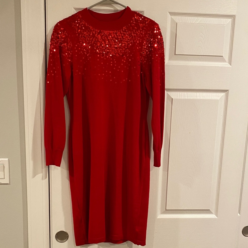 Nina Leonard Red Long Sleeve Dress with Sequins